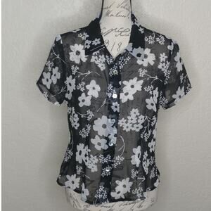 John Roberts Sheer Floral Button Front Short Sleeve Shirt Size 8